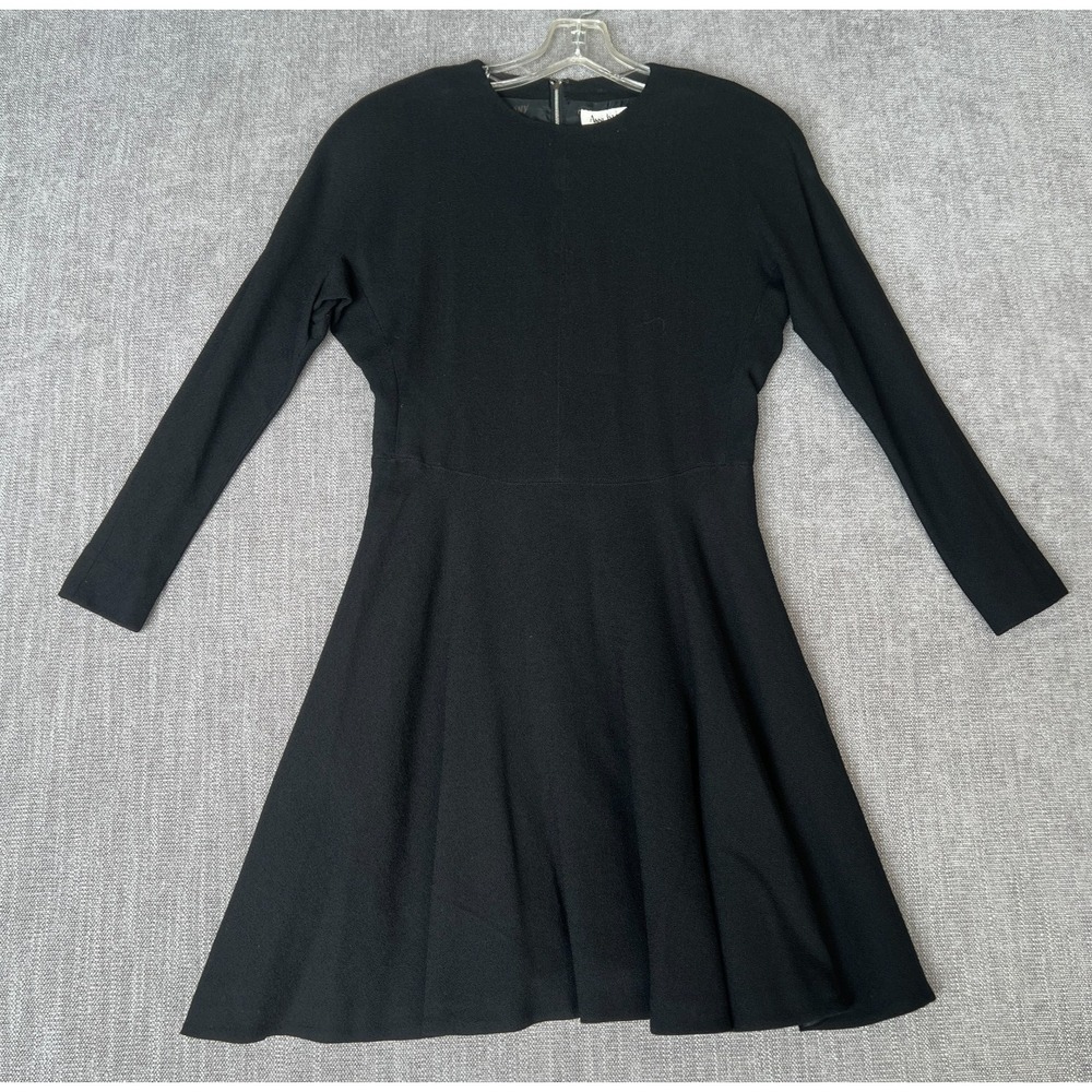 Anne Klein II Flare Dress Womens Petite 4P Black Pure Wool Long Sleeve Back Zip